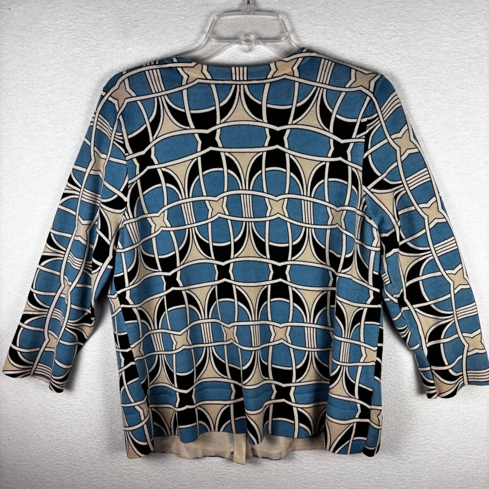 Ann Taylor Geometric Link Print Cardigan Sweater Blue‎ Black Tan XL 3/4 Sleeve
